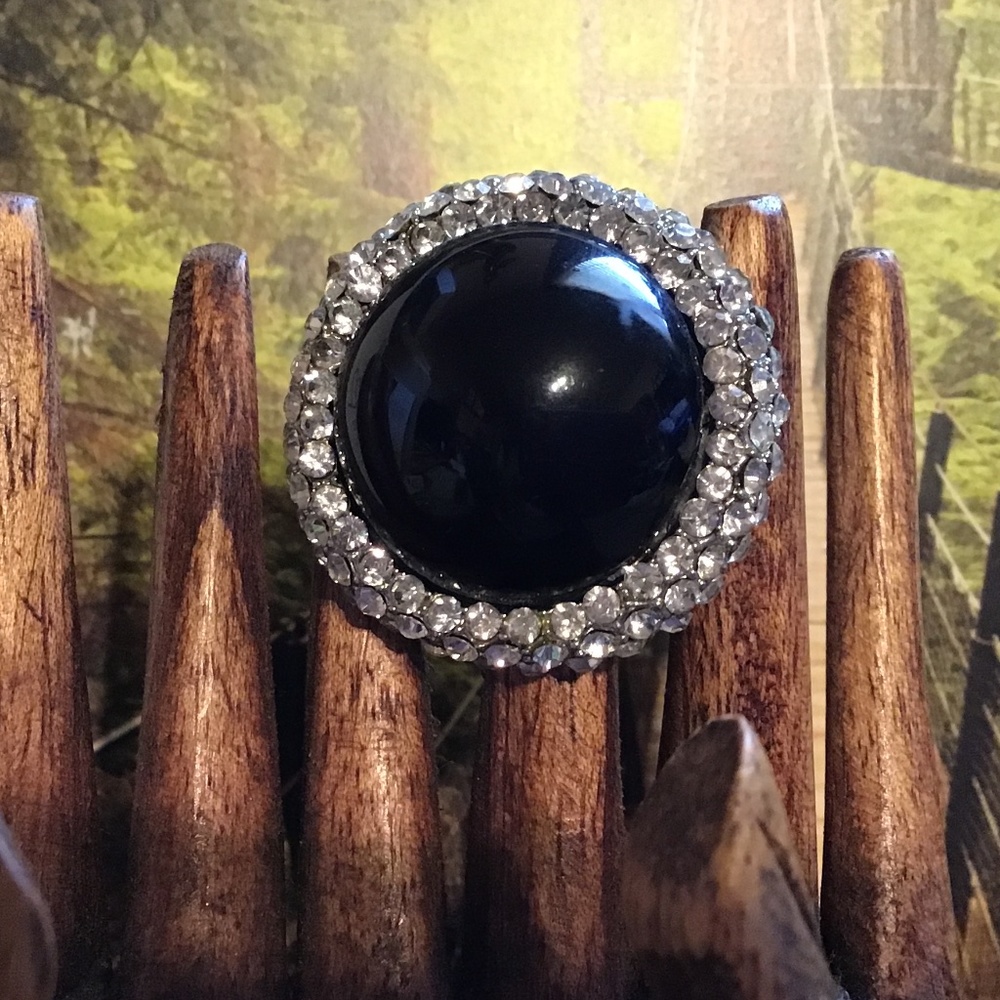Statement costume jewelry ring, black faux stone with crystals